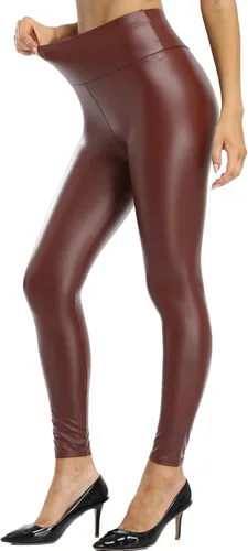 Vista 3 de Kotii Leggings de piel sintética con forro polar para mujer, talla grande, pantalones de piel sintética con levantamiento de glúteos, pantalones