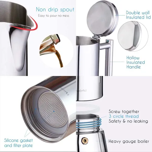 Vista 4 de Easyworkz Diego - Cafetera de café expreso para estufa, 4 tazas, 6.8 onzas, con mango largo hueco de acero inoxidable, cuchara medidora de 0.27