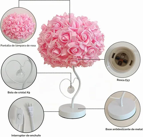 Vista 4 de ZYLEISENBAO Lámpara de Flor de Rosa Rosa Romántica Lámpara de Mesita de Noche Princesa Lámpara de Mesa de Flor para Mesita de Noche Luz de Rosado