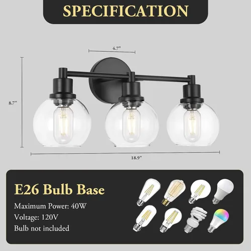 Vista 3 de Lámpara de Tocador de Baño de 3 Luces, Accesorios de Iluminación de Baño Negro con Pantalla de Globo de Vidrio Transparente, Aplique de Pared Negro