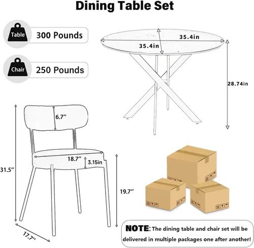 Vista 2 de Moderno juego de mesa de comedor redonda de 3 piezas, mesa de MDF circular negra y 2 sillas de comedor negras Boucle, muebles de cocina con marco