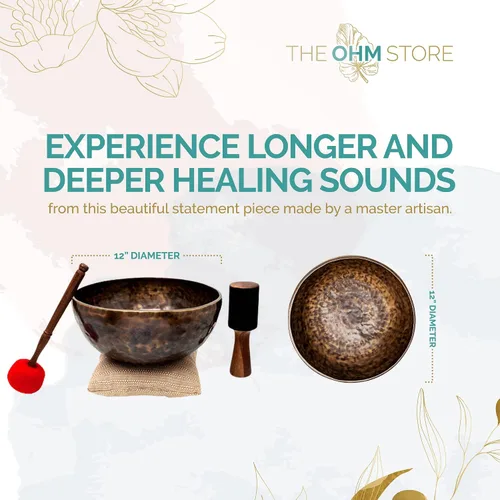 Vista 3 de Juego Grande de Cuencos Tibetanos Cantores por Ohm Store — Cuenco de Meditación de Sonido Jupiter de Bronce Puro de 12 Pulgadas, 2 Mazos y un Cojín