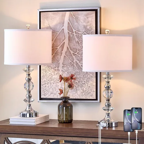 Vista 10 de Juego de 2 lámparas de mesa de cristal de 25.5" para dormitorio, lámparas de mesita de noche de bronce con puertos de carga USB A+C con pantalla