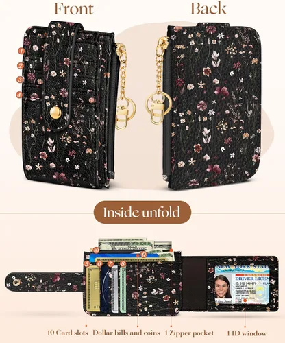 Vista 3 de Cartera delgada pequeña para tarjetas para mujeres – Linda cartera con llavero con bloqueo RFID que sostiene 7 tarjetas, diseño de moda de cuero