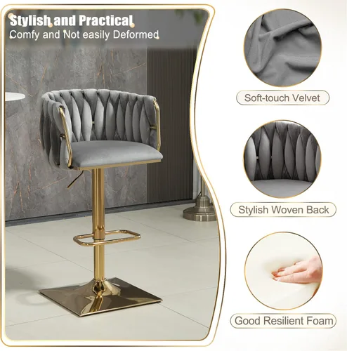 Vista 4 de Juego de 2 taburetes de bar giratorios de terciopelo, taburetes de bar ajustables y cómodos, silla de comedor moderna con respaldo tejido, taburetes