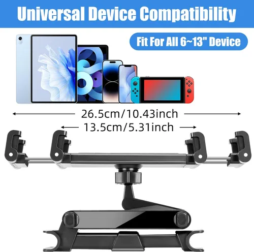 Vista 4 de Soporte para tablet para reposacabezas de automóvil, soporte plegable compatible con iPad de 6 a 13 pulgadas, Air, Mini, Switch, rotación ajustable