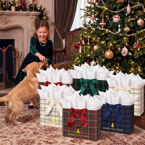 Vista 7 de Silkfly Paquete de 12 bolsas de regalo de papel de Navidad de tartán