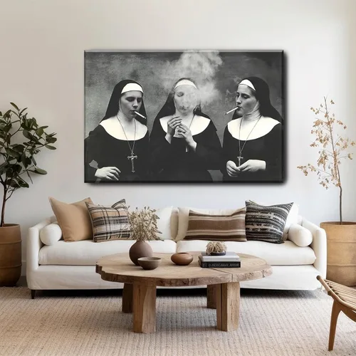 Vista 6 de Black and White Nuns Smoking Wall Art Wall Art Funky Aesthetic Prints Women Portrait Painting Vintage Trendy Wall Art Modern Smoking Nuns Print