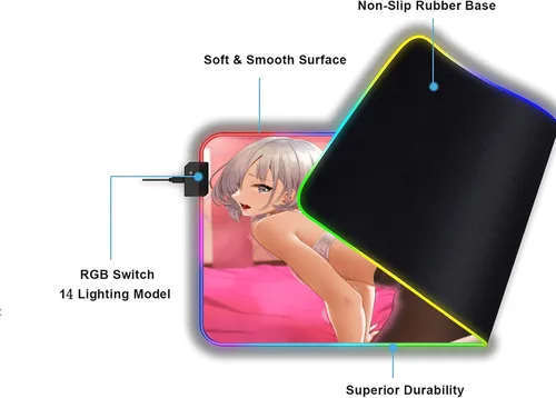 Vista 3 de Alfombrilla grande para mouse con luces LED RGB, animé para niña, sexy, pechos en el pecho, accesorios para videojuegos, videojuegos, escritorio