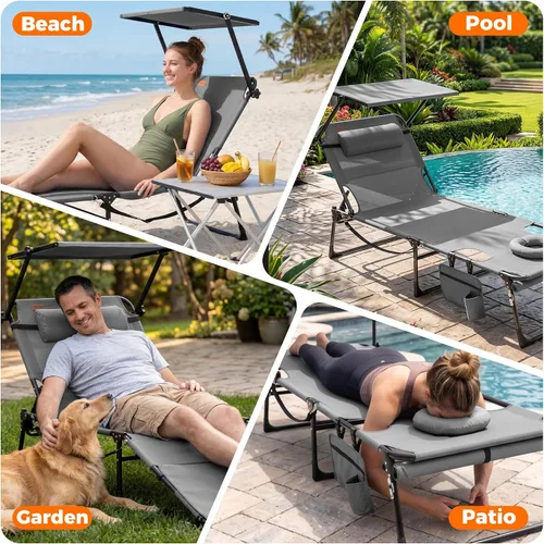 Vista 7 de Silla de bronceado con orificio facial y toldo, tumbona de playa plegable y gris (Light Grey 1)