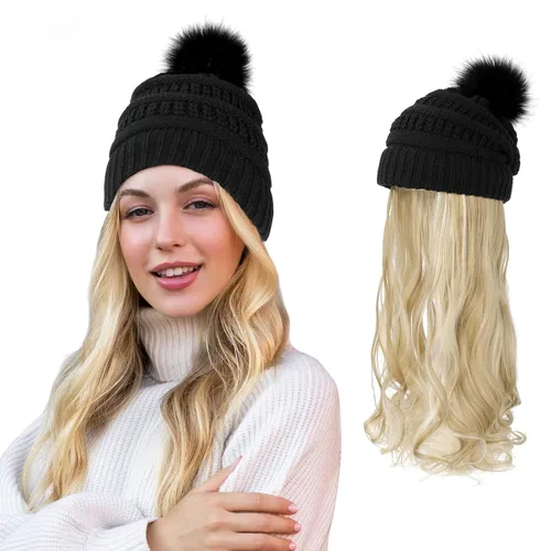 Vista 39 de AynnQueen - Gorro de invierno con extensiones de cabello desmontables para mujer.