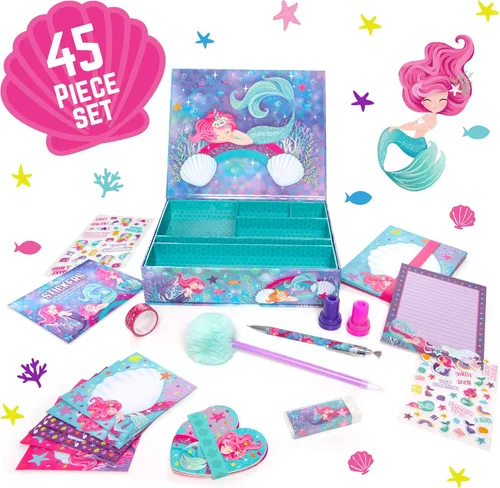 Vista 3 de GirlZone Juego de papelería de sirena, 45 piezas, papel blanco, juego de escritura de sirena y kit de escritura de letras para niños