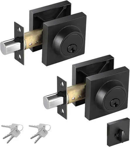 Vista 10 de Cerradura cuadrada de un solo cilindro moderno con llaves, cerrojo negro mate para entrada de puerta delantera, cerradura de seguridad de puerta