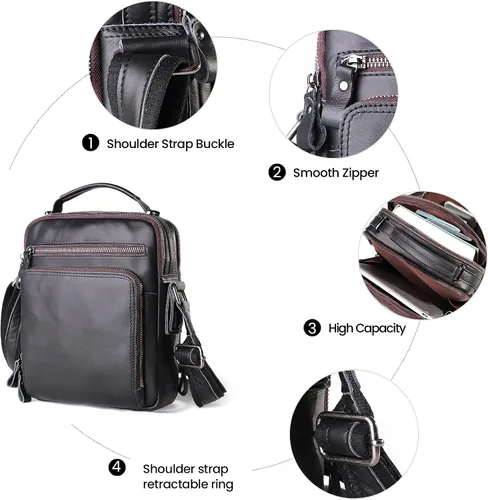 Vista 7 de Bolso bandolera pequeño de cuero genuino para hombre, bolso cruzado de hombro vintage para trabajo, negocios, viajes