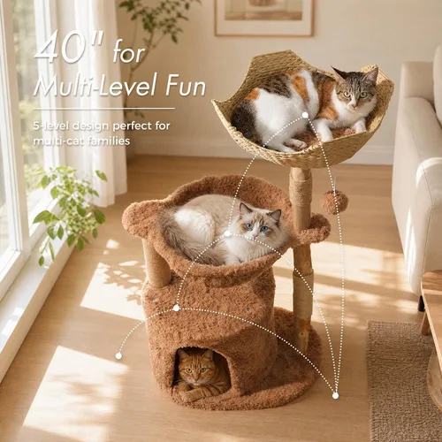 Vista 2 de PAWZ Road Árbol moderno para gatos con poste rascador de madera maciza natural, torre para gatos de 40 pulgadas con cesta de mimbre grande, hamaca