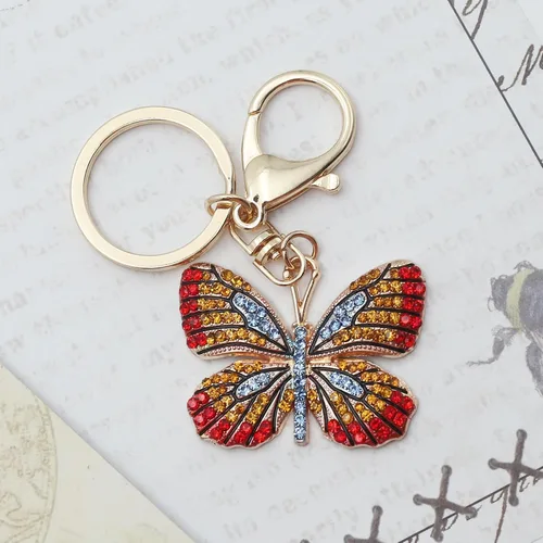 Vista 9 de Llavero de mariposa de aleación de diamantes de imitación, diseño de rana, leopardo, pulpo, animal brillante, llavero de metal para bolsa, bolsa