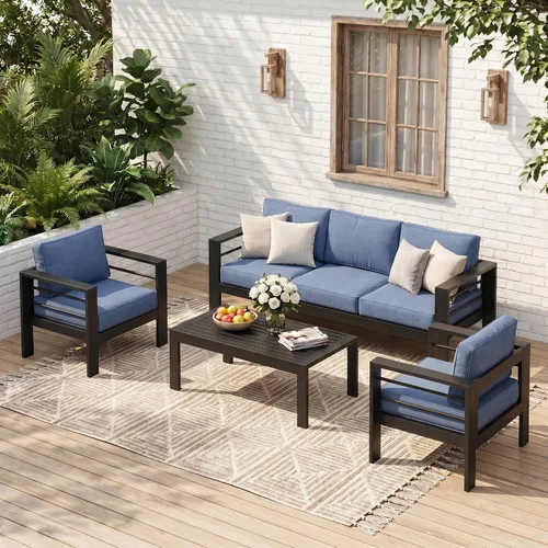 Vista 10 de Solaste Sofá de aluminio para patio con mesa auxiliar, juego de 3 muebles de patio con cojines, sofá de exterior para todo tipo de clima