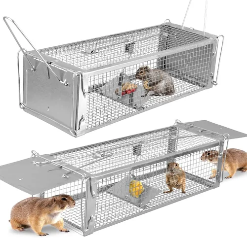 Vista 15 de Jaula de animales vivos, 29.13 x 9.44 x 1.18 pulgadas, resistente, plegable, de acero, con guantes para conejo, ardilla, zarigüeya, mofeta, mapache