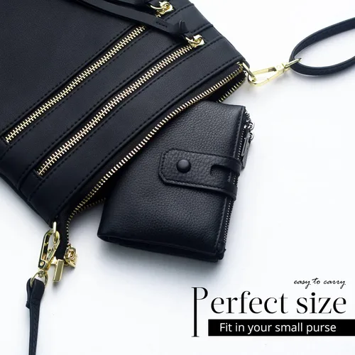Vista 2 de Bveyzi Cartera pequeña de cuero suave para mujer, con bloqueo RFID, tarjetero con doble bolsillo con cremallera