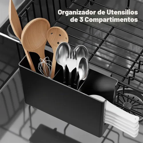 Vista 4 de Dish Drying Rack in Sink: Expandable, 3-Slot Utensil Holder, Anti-Slip Handle. Small Dish Rack: Ideal for Small Households. Kitchen Drying Rack Black