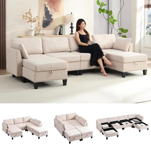Vista 11 de ijuicy Sofá modular convertible de 110 pulgadas con asientos de almacenamiento y 2 otomanas móviles, sofá modular en forma de U de 6 asientos