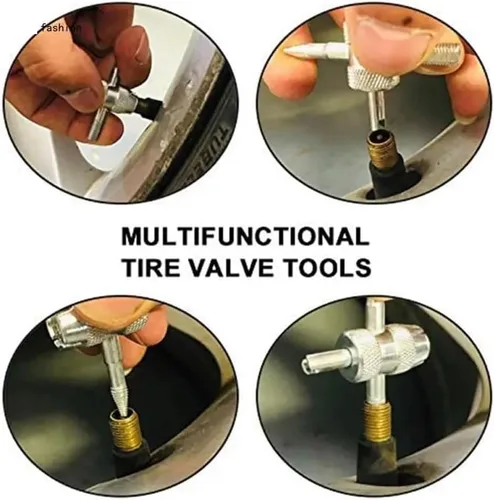 Vista 5 de Paquete de 5 herramientas de extracción de válvulas de neumáticos, 4 en 1, removedor de núcleo de neumático, multifuncional, llave universal de 4
