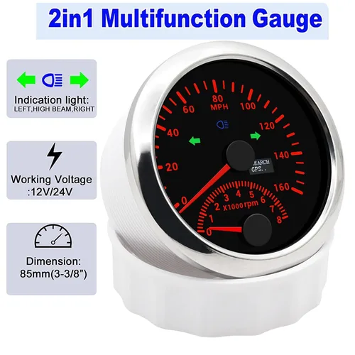 Vista 2 de KAOLALI Velocímetro GPS de 3.346 in 0-160MPH con tacómetro calibre 0-8000RPM para coche, barco, motocicleta, camión, medidor de velocidad