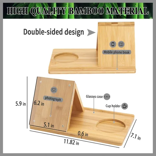 Vista 3 de Soporte para Libros de Bambú, Soporte Triangular para Libros con Marco de Imagen Acrílico, Descanso para Libros con Portavasos, Soporte para Tableta