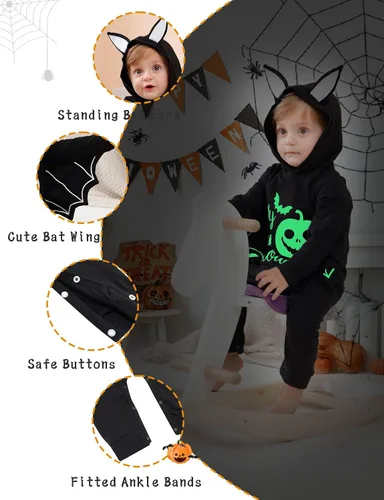 Vista 3 de Goodstoworld Disfraz de Halloween para bebé recién nacido, niño y niña, murciélago negro que brilla en la oscuridad, body de 0 a 18 meses