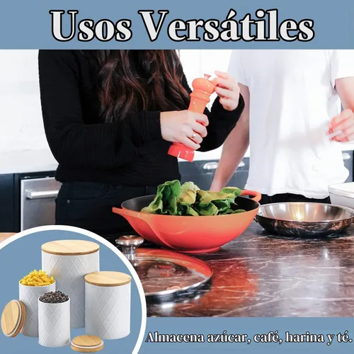 Vista 2 de Juego de recipientes de cocina blancos con tapas de bambú, azúcar hermético, harina, café, juegos de recipientes para almacenamiento de galletas