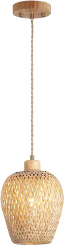 Vista 10 de Lámpara colgante de bambú con una sola luz, cesta bohemia ajustable, hecha a mano, tejida a mano, iluminación colgante para cocina, isla, fregadero