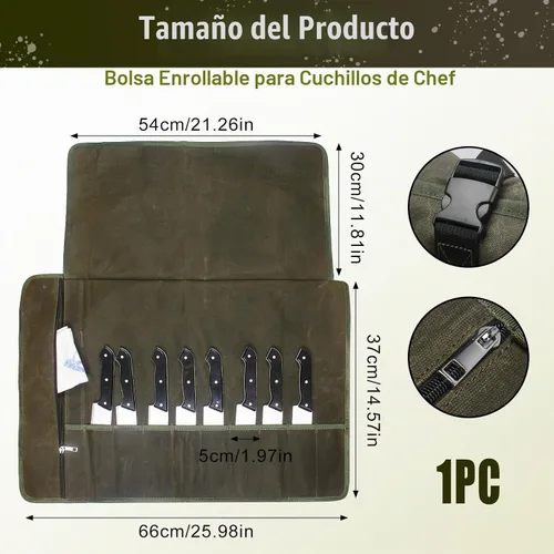 Vista 2 de Bolsa enrollable para cuchillos de chef, estuche de viaje para cuchillos de lona encerada, soporte de almacenamiento profesional resistente con 10