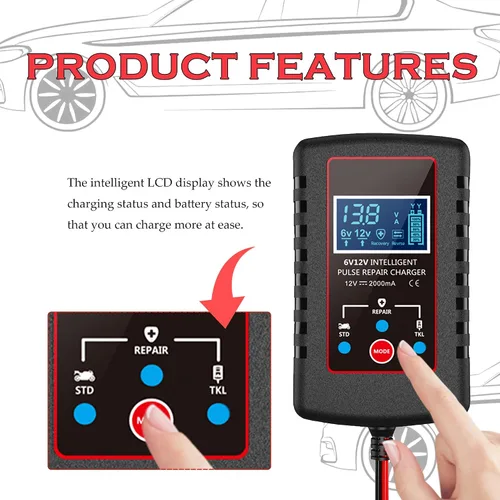 Vista 5 de Cargador de goteo para batería de coche de 12 V/6 V, cargador de batería automático inteligente para motocicleta con cable SAE, mantenedor