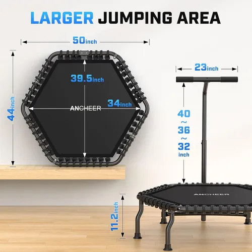 Vista 7 de ANCHEER Trampolín, trampolín de rebote de 50'' para adultos con barra, mini trampolín para interiores y exteriores, trampolín de fitness de 550LBS
