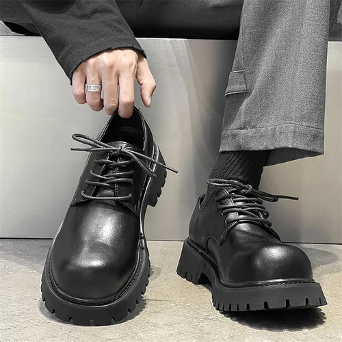 Vista 2 de Zapatos Oxford de plataforma retro para hombre, tacón grueso, con cordones, zapatos de cuero, puntera redonda grande, suela antideslizante, zapatos