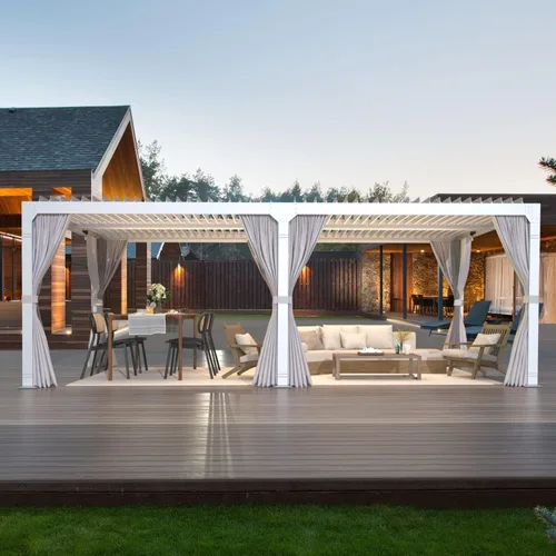 Vista 9 de MELLCOM Pérgola con listones de 10x20 con techo ajustable con cortinas y Blanco