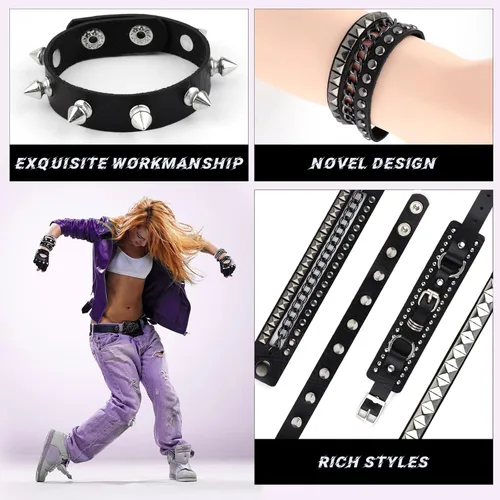 Vista 7 de 4 pulseras de cuero punk rock, accesorios góticos retro vintage para mujeres y hombres, remaches de los años 80, juego de pulseras de metal unisex
