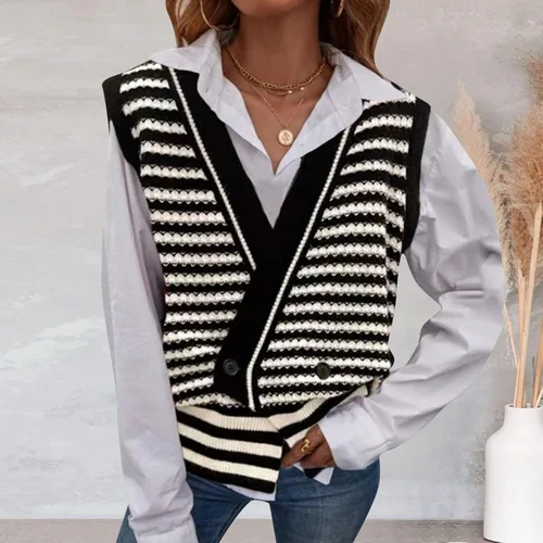 Vista 2 de Womens Long Sweaters Knit Womens Oversized V Neck Knit Sweater Vest Tunic Sleeveless Top