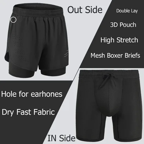 Vista 6 de Gesean Pantalones cortos de entrenamiento 2 en 1 para hombre, 5 pulgadas, ligeros, para gimnasio, entrenamiento, deporte, con bolsillos para teléfono