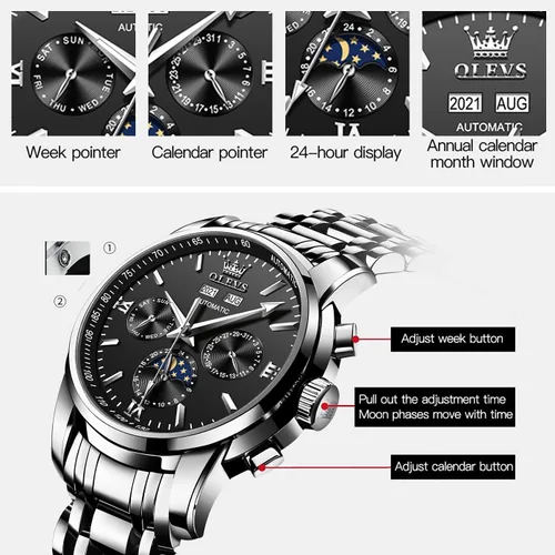 Vista 5 de OLEVS Relojes automáticos mecánicos de lujo de cara grande de acero inoxidable impermeable con calendario luminoso