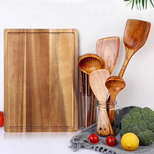 Vista 4 de Tablas de cortar de madera de acacia maciza para decoración de cocina, tabla de embutidos de madera, tablas de queso de carne, bloque de carnicero