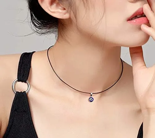 Vista 3 de Gargantilla con colgante de ojo malvado azul, collar de la suerte de cuerda de cuero para mujer