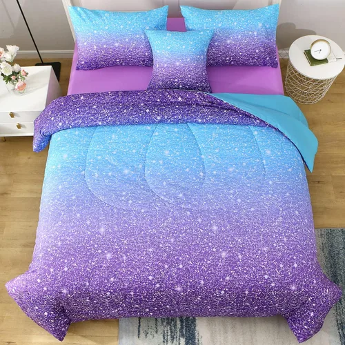 Vista 3 de JQinHome Juego de edredón con purpurina, tamaño individual, juego de ropa de cama en una bolsa de 6 piezas en 3D colorido degradado para niñas