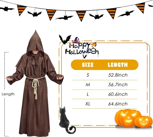 Vista 5 de Century Star Disfraz de fraile medieval con capucha de monje renacentista para cosplay, Halloween, para adultos, capa de mago, sacerdote