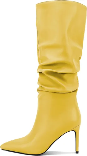 Vista 39 de Zamikoo Botas holgadas de tacón alto para mujer, botas de tacón de aguja altas hasta la rodilla, puntera puntiaguda, elásticas, botas altas de meter