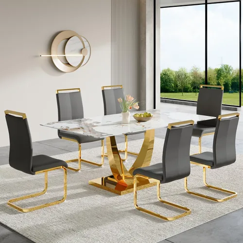Vista 48 de Juego de mesa de comedor para 4, mesa de comedor de mármol sintético de 63 pulgadas con patas y base de acero inoxidable, sillas acolchadas
