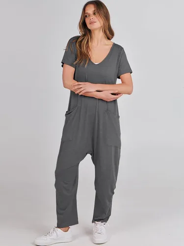 Vista 3 de ANRABESS Enterizo de verano de manga corta con cuello en V para mujer, estilo casual, holgado, con bolsillos