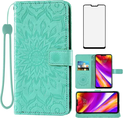Vista 12 de Funda de teléfono para LG G7 ThinQ Wallet con protector de pantalla de vidrio templado y funda de cuero con soporte para tarjetas LGG7 One G 7 Plus