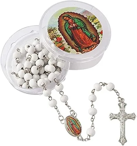Vista 3 de Alitaver 12 piezas de recuerdos de fiesta de bautismo de madera perfumada blanca Rosario Guardián Ángel Bebé Ángel Nuestra Señora de Guadalupe San