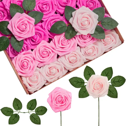 Vista 11 de InnoGear Flores artificiales, paquete de 50 unidades, rosas artificiales de espuma negras con tallos a granel para decoración, ramos de boda DIY